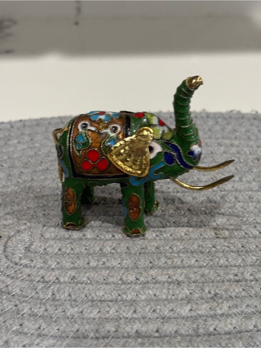 Vintage miniature Decorative Green Cloisonné Elephant Figurine with Gold Accents
